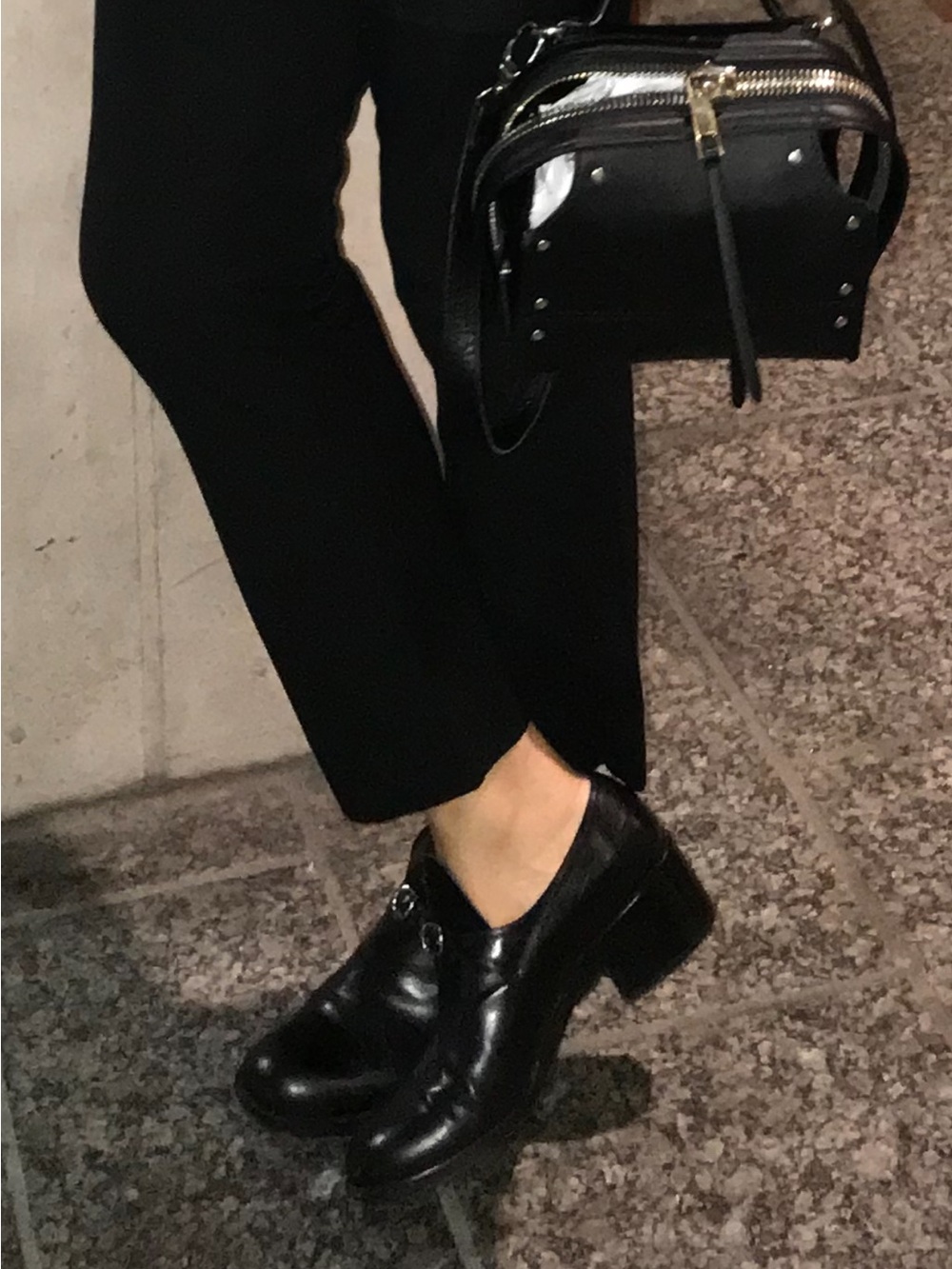 Barneys New York Black Leather Loafers with Low Block Heel